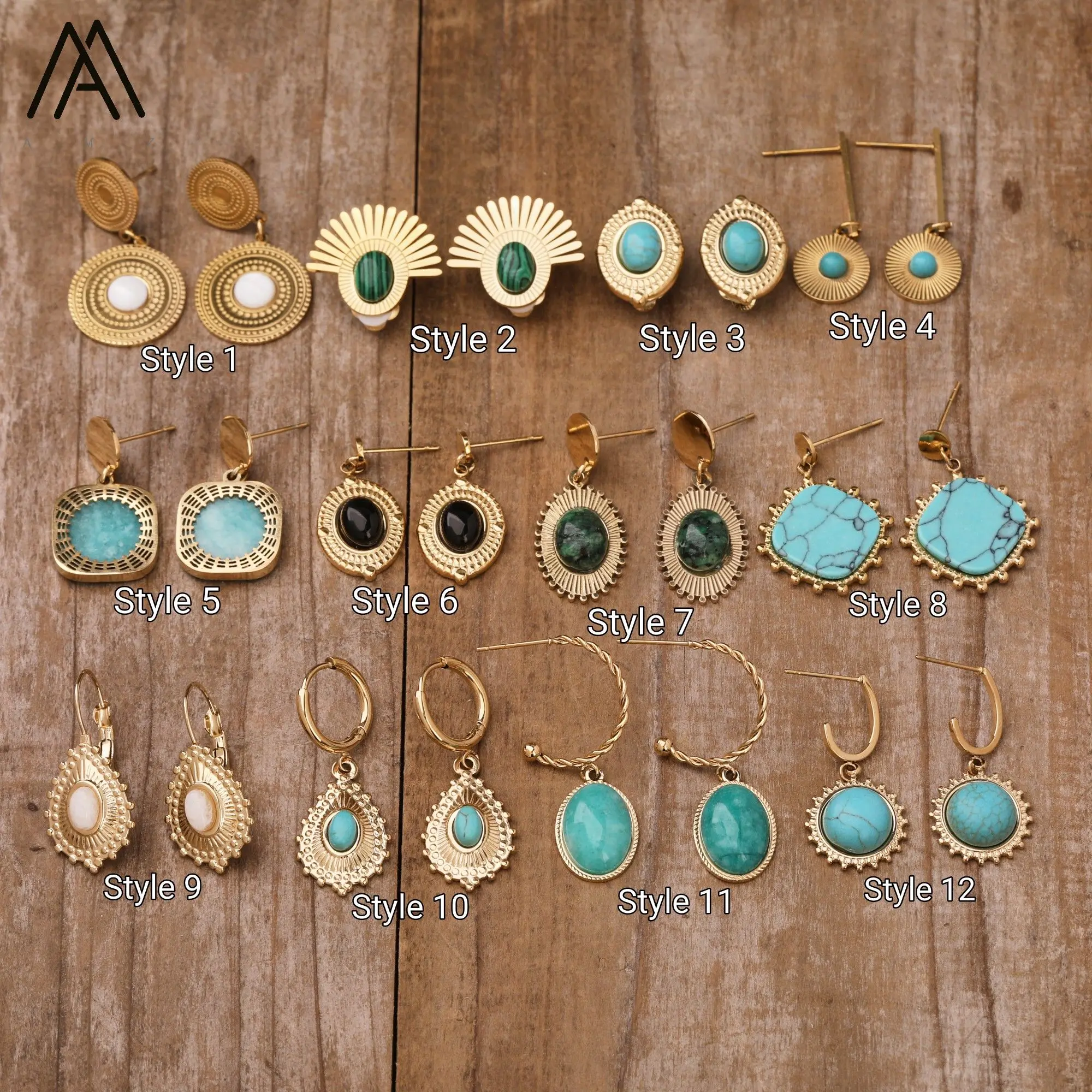Bohemia Punk Earrings for Women Vintage Healing Stone Turquoise Stainless Steel Jewelry Ear Stud