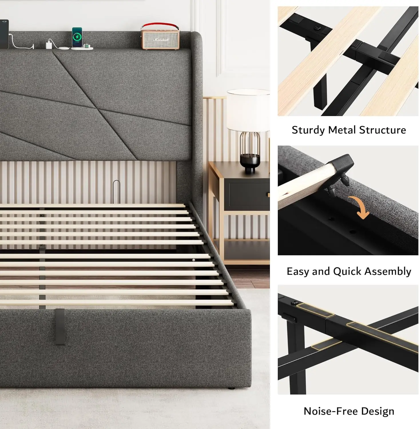 Large lift storage bed frame, soft cushioned platform bed frame with headboard, noise free, easy to assemble, dark gray