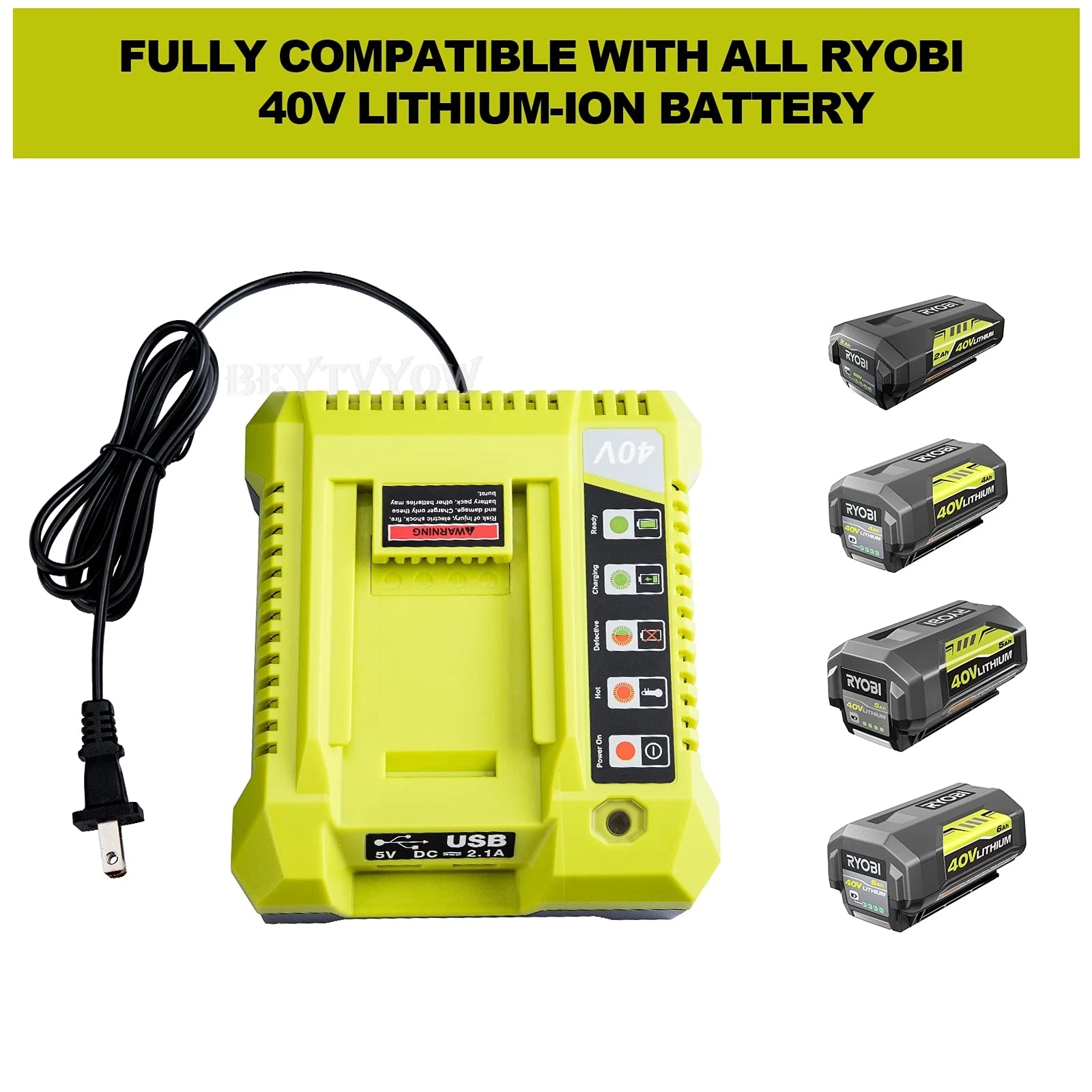 

Beytvyow Super Battery Charger for Ryobi 40V Li-ion Battery Rapid Charger Station Compatible with Ryobi Battery with 2 USB Ports