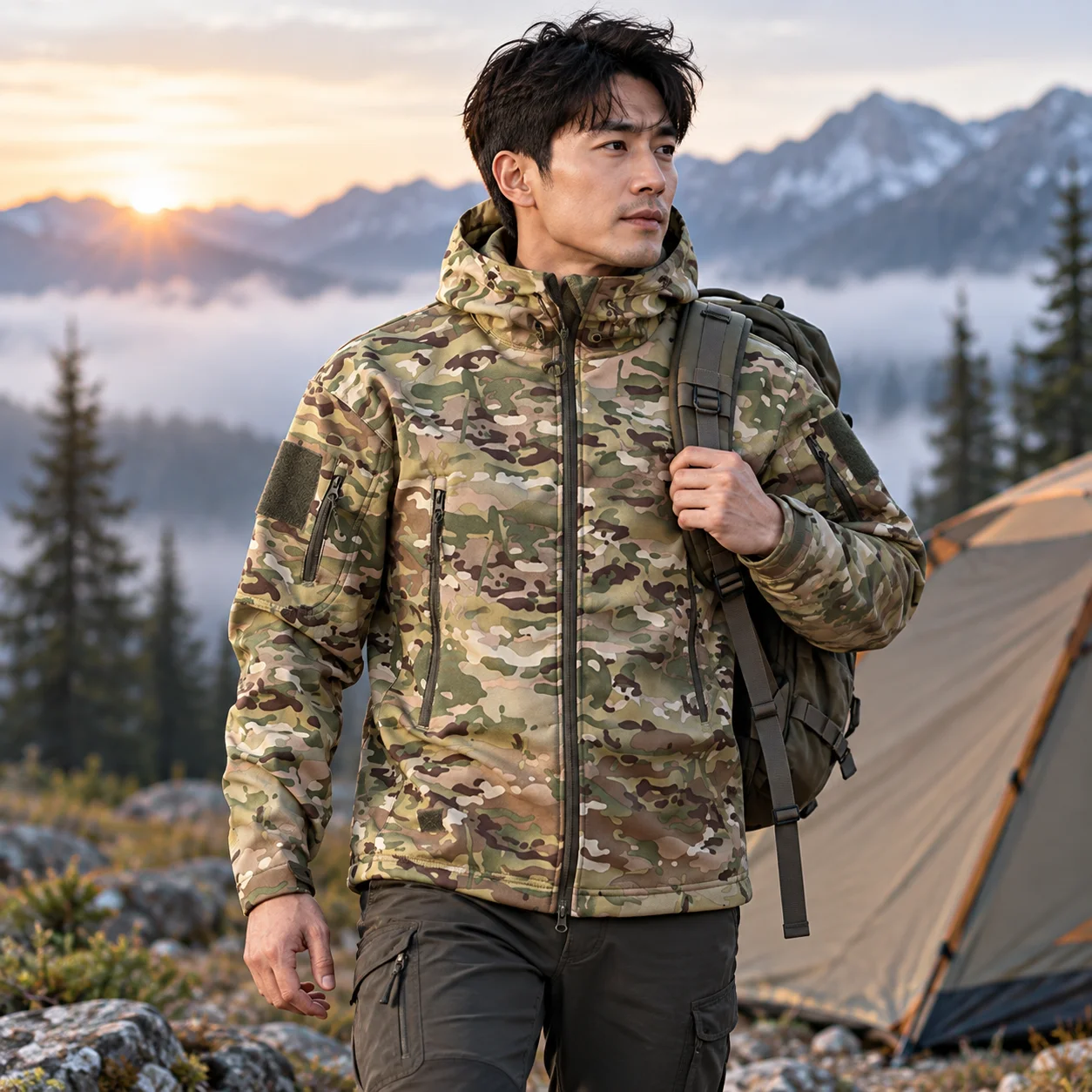 Mens Military Outdoor Softshell Jackets for Winter Waterproof Zipper Hunting Clothes Fleece Windbreaker Tactical Pocket Coat