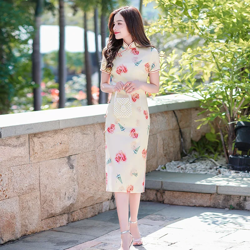 

Summer Social Etiquette Lady Dress Female Chinese Traditional Elegant Vintage Button Cheongsam Women Short Sleeve Print Qipao