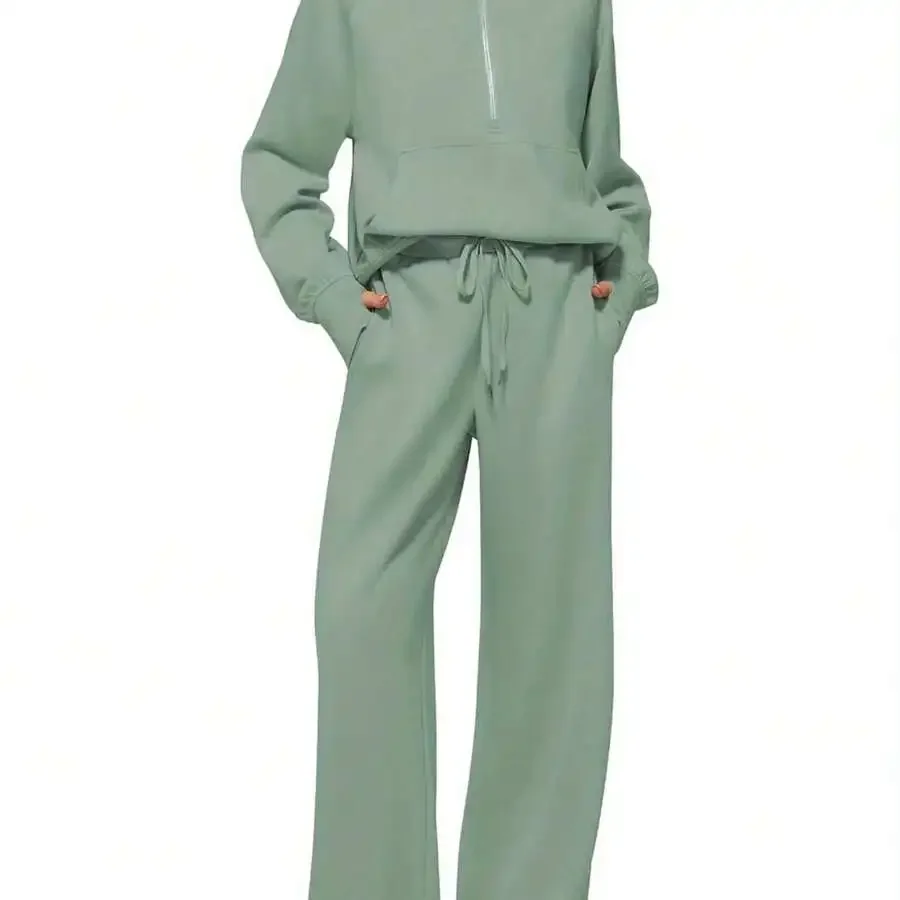 

Women Oversized Half-Zip Sweatshirt And Wide-Leg Sweatpants Lounge Set