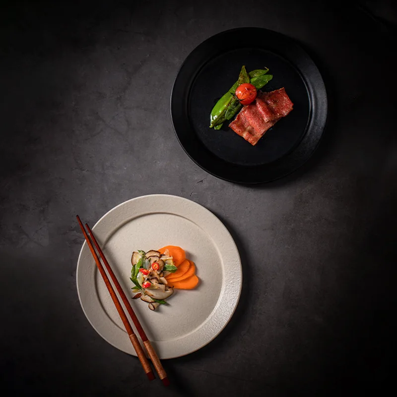 Handmade Ceramic Dinner Plate 8 Inch Black White Minimalist Japanese Style for Home Kitchen Use Serving Dish Bowl Soup Salad