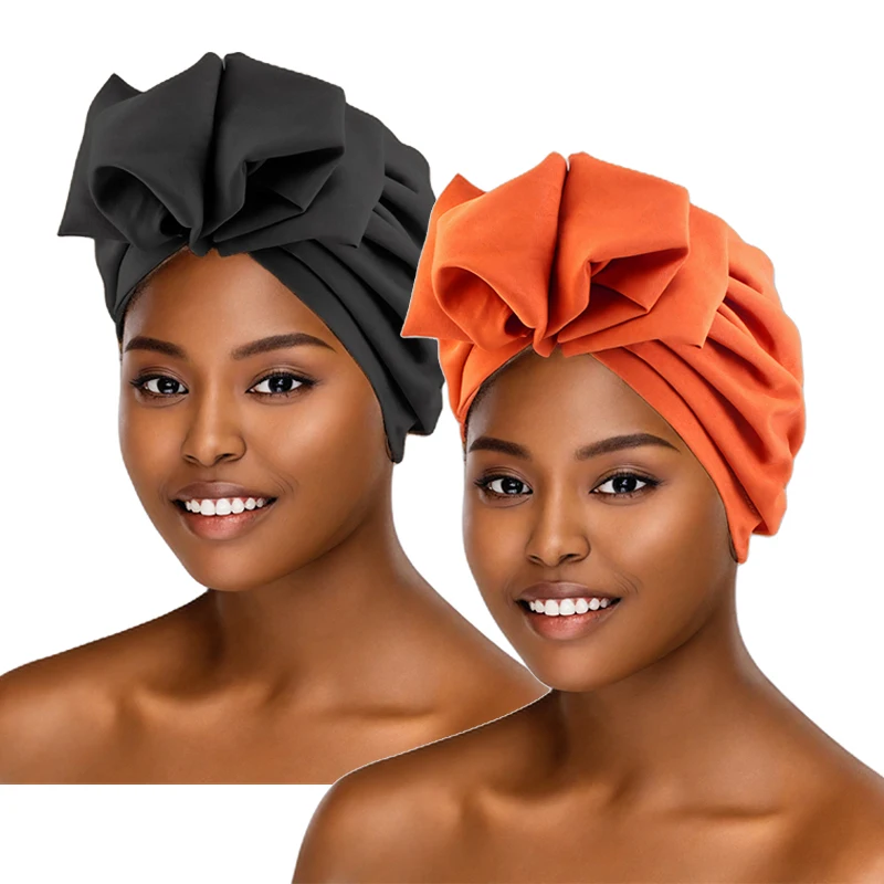 2PCS/LOT Women\'s Hijabs Turban Muslim Large Bow Headscarf African Head Wraps French Retro Flower Head Cap Ladies Beanies Caps