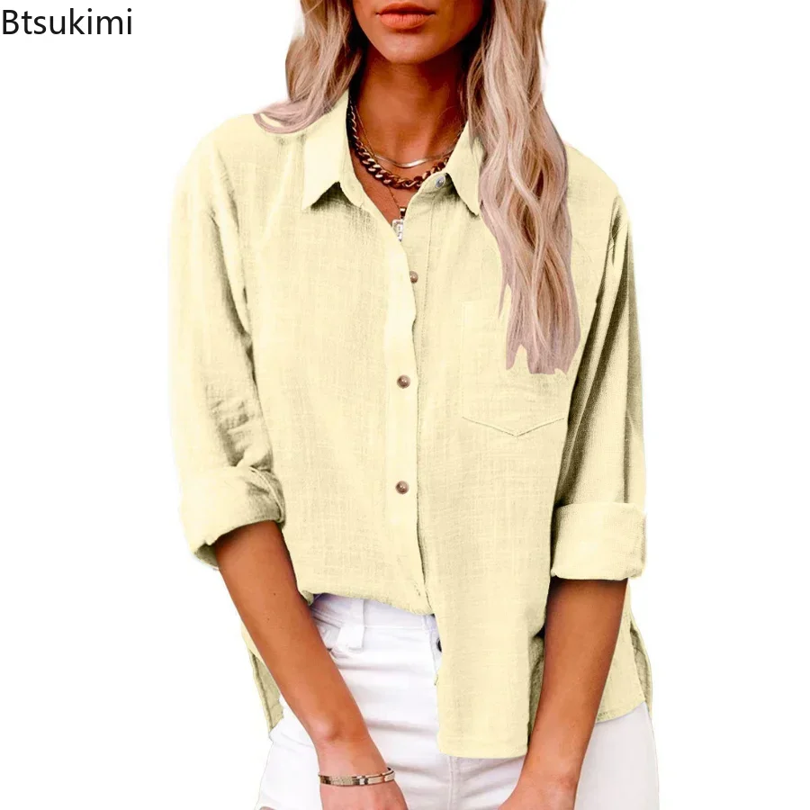 Plus Size 4XL 5XL Women\'s Summer Casual Cotton Linen Shirts Solid Pockets Slit Button Blouse Loose Long Sleeved Shirts Female