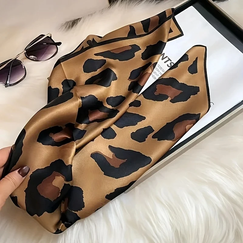 Luxury Brand Women Leopard Print Square Hijab Scarf Soft Satin Silk-like Small Neck Scarf Stylish Casual Headscarf