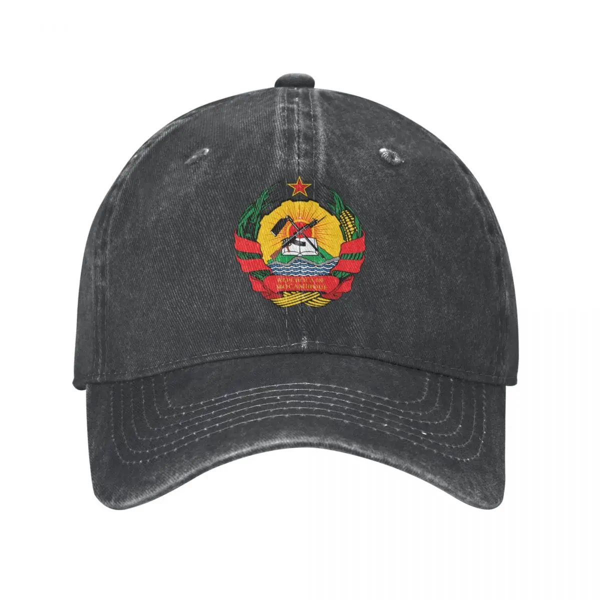 

Men Baseball Cap Mozambique Emblem Charcoal Washed Denim Classic Vintage Cotton Dad Trucker Hat Unisex Adult