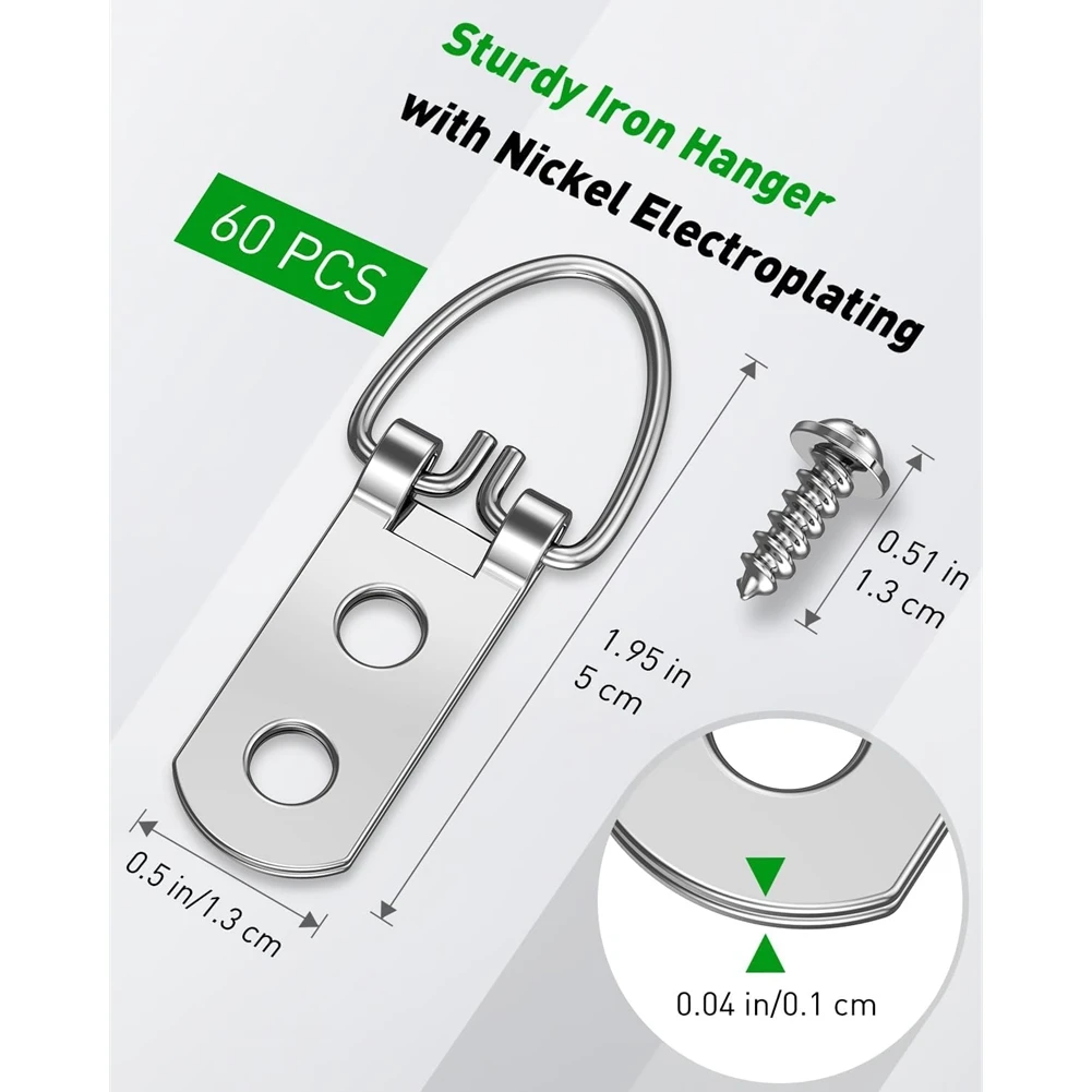 A13M 60 Pcs D Ring Picture Hangers with Screws, 18 Kg Load Heavy Duty Picture Hanging Hardware, Double Holes Picture Hooks