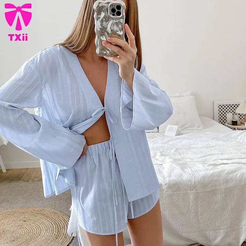 TXii New Autumn European and American New Long-sleeved Shorts Cotton Women's Home Clothes Loose Skin-friendly Breathable Pajamas