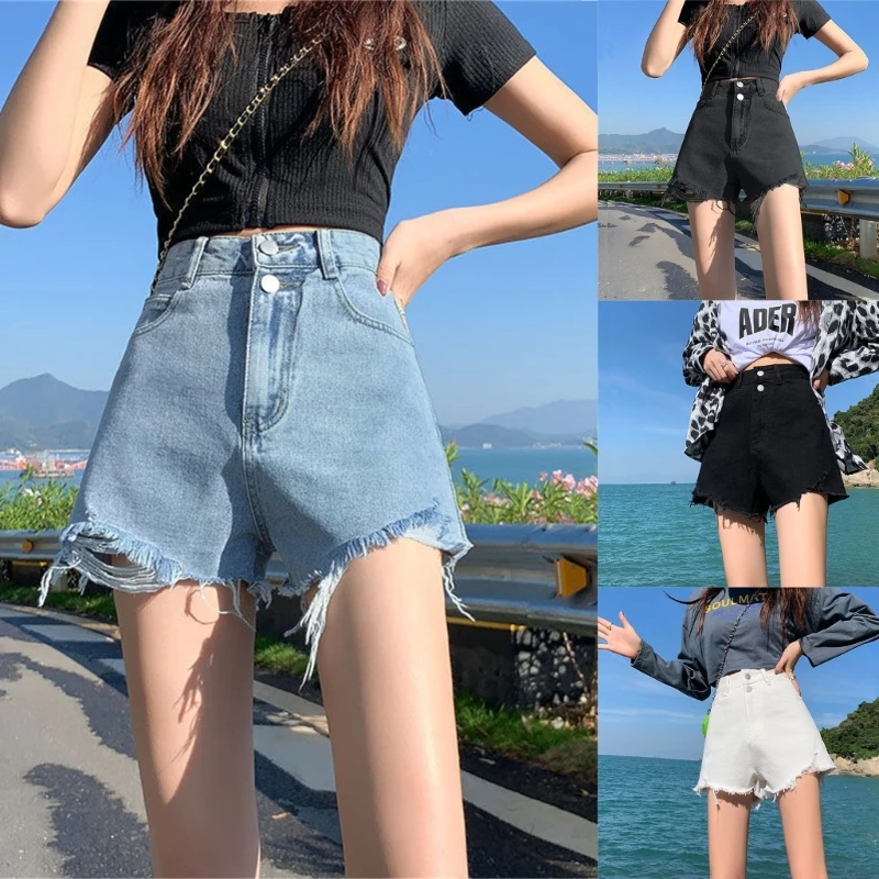 Women Vintage Distressed High Waist Jeans Shorts Girls Casual Frayed Hem Ripped Summer Wide Leg A-Line Short Jeans with Pockets