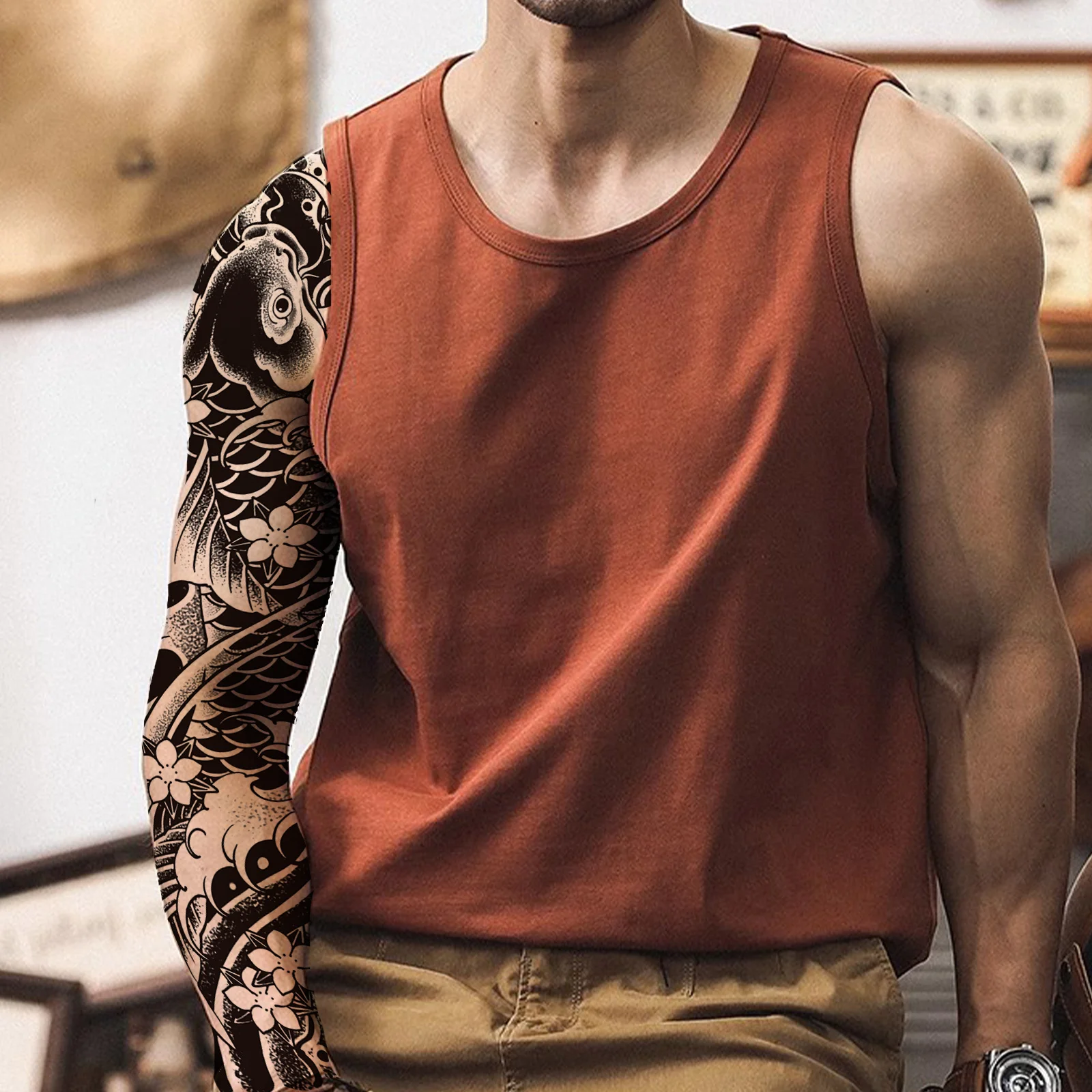 1 Sheet Large Half Arm Koi Wave Herbal Tattoo Patch, Flower Arm Tattoo, Waterproof and Durable Temporary Tattoo