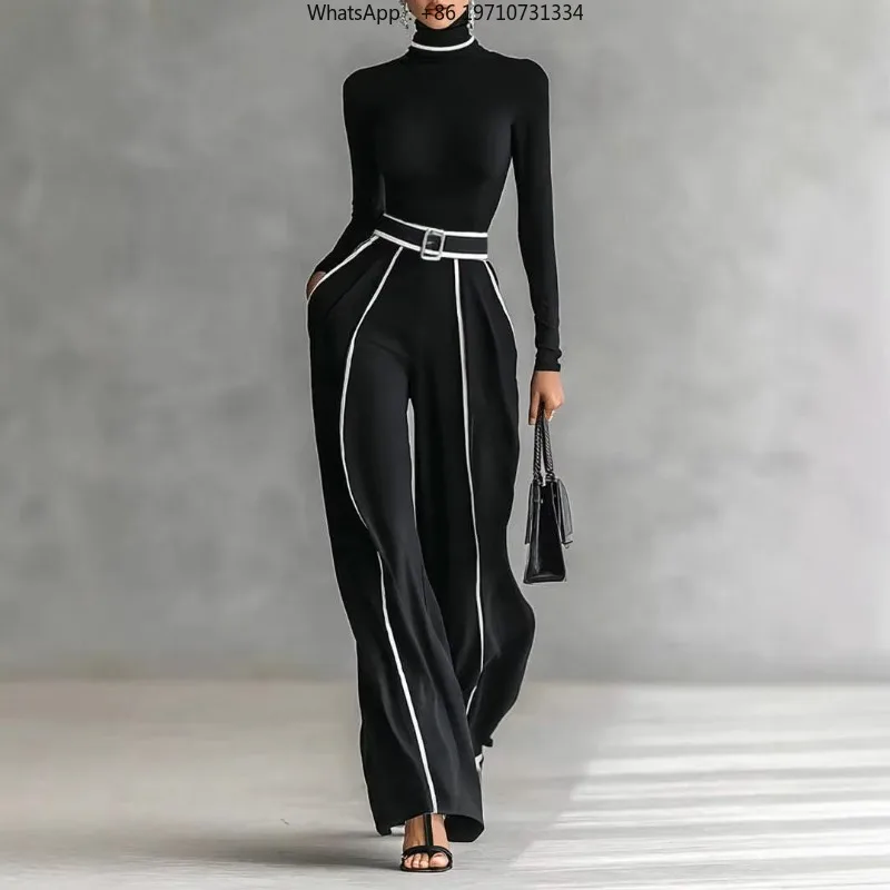 Women Striped Print Patchwork 2 Piece Set High Neck Slim Pullover Top Wide Leg Trousers Autumn Winter Outfit