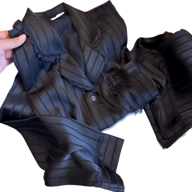Home Two-piece Set Ice Snow Silk Lazy Wind Black Series Simple High-end Exquisite Dirt-resistant Long-sleeved Trousers Pajamas