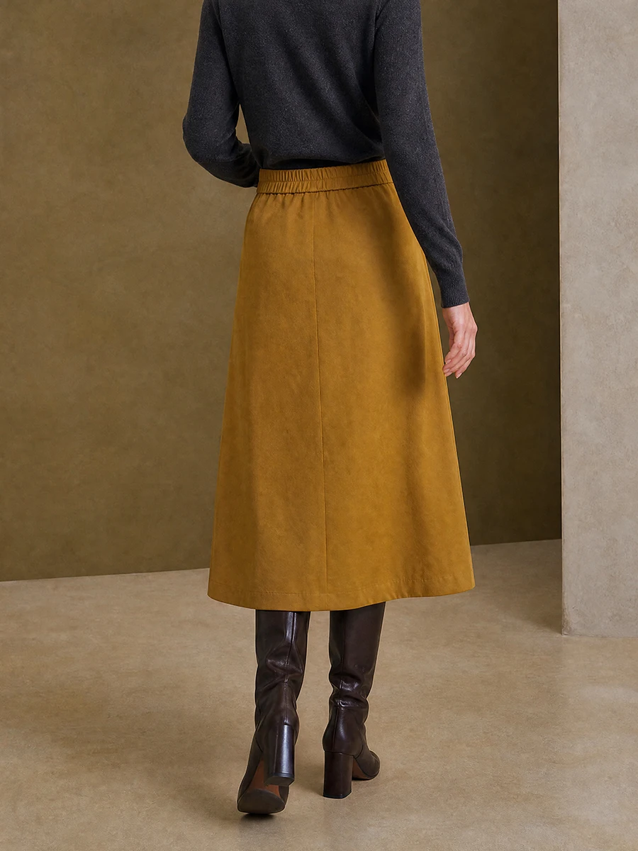 Freeacy Women Yellow Button Detail High Waist A Line Midi Skirt Side Pocket Elegant Casual Office Work Autumn Winter Skirt