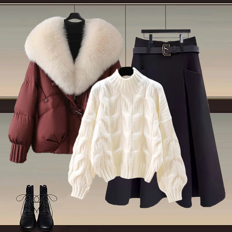 Faionable Winter T-Piece Set Maglione da donna Gonna snellente ingombrante in vita con ampio collo in pelliccia Sensazione di fascia alta