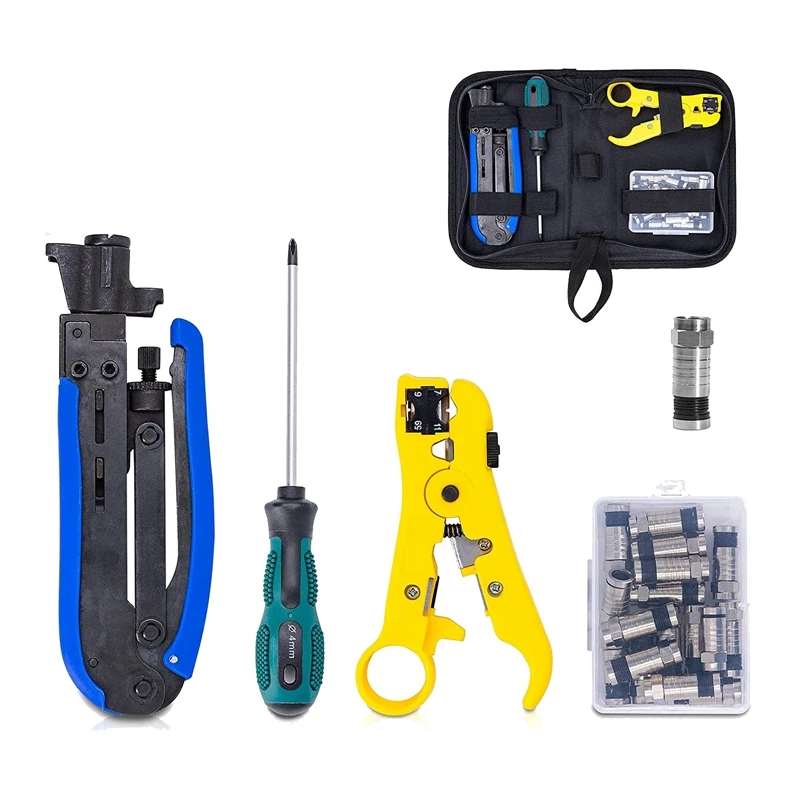 Coax Compression Tool Kit Metal+Plastic Wire Stripper Tool With 20 PCS F Compression Connectors