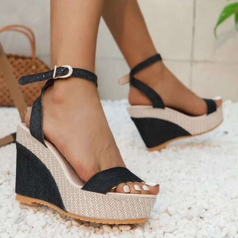 New Buckle Decor Denim Ankle Strap Wedge Sandals Summer Outdoor platform Slides 2023 Thick Bottom Ladies Shoes Female Sandals