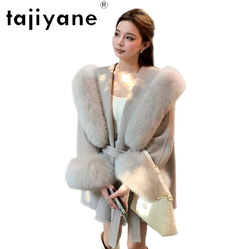 TAJIYANE 90% Wool 10% Alpaca Wool Coat Women Hooded Cape Coats for Women New Winter Coat Fox Fur Cuffs Польто Женское Mid-length
