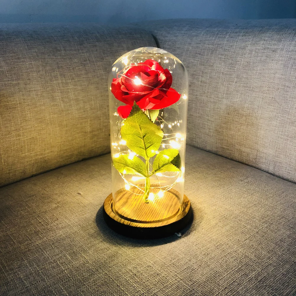 

LED Small Night Lamp Red Silk Rose in Glass Dome on Wooden Base Powered Decorative Desk Light Romantic Home