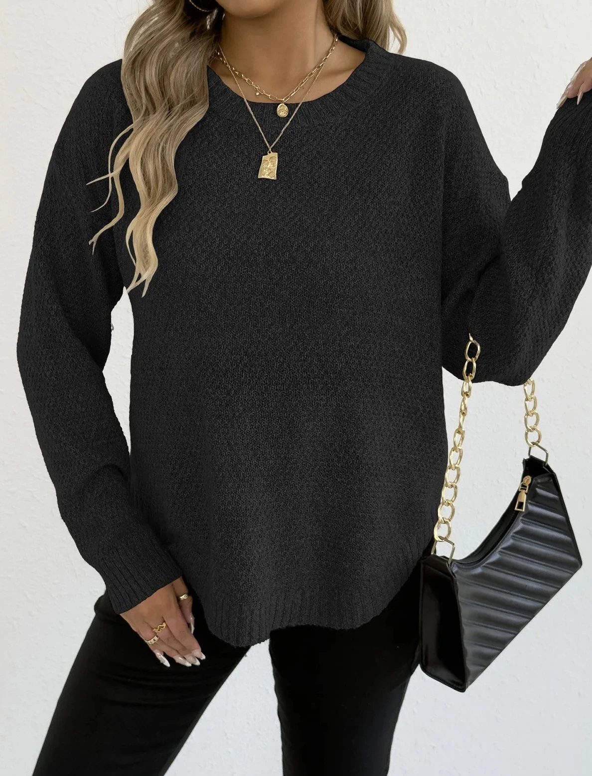 Women Casual Solid Color Round Neck Pullover Sweater Fashion Long Sleeved And Waist Cinched Short Sweaters  Lady Daily Top