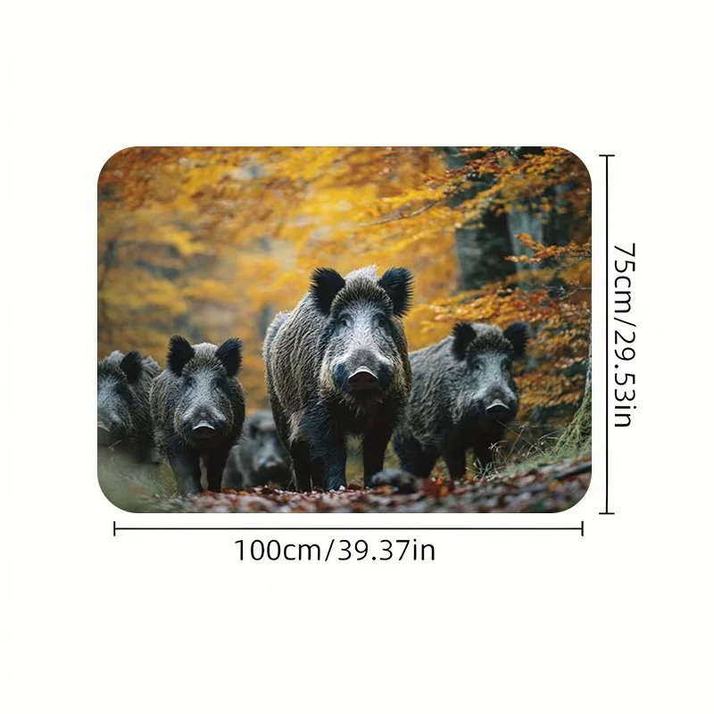 One Stylish Car Trunk Mat Featuring Wild Boars In An Autumn Forest, Surrounded By Fallen Leaves And Golden Trees, Creating A Cur