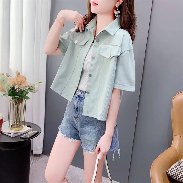 معطف الدنيم المرقعة الكتان المرأة الصيف الحياكة جوفاء خارج بالون الأكمام الحد الأدنى متجدد جيوب بحر خفيفة الوزن OL