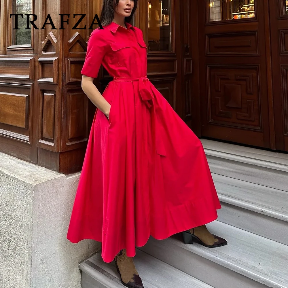 

TRAFZA Red Summer Sashes Women's Dress Sheath Short Sleeve Long Woman Dress Casual Mujer Streetwear Female Vintage Polo Vestidos