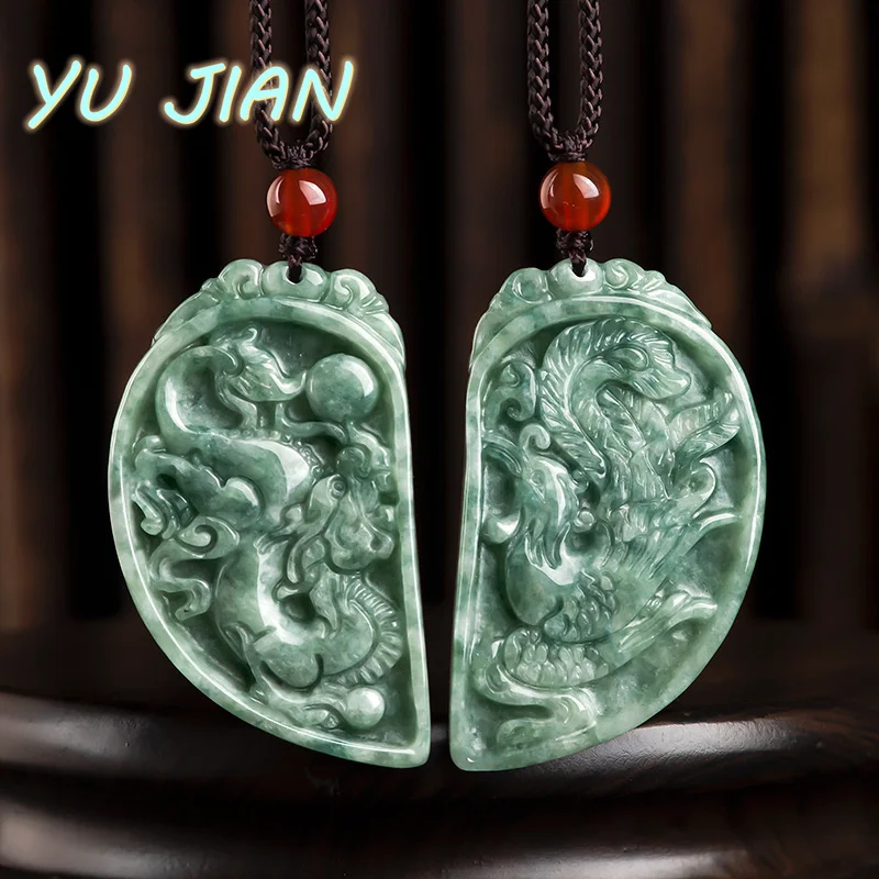 

Emerald Jade Dragon Phoenix Couple Pendant Charm Jewelry Hand Carved Necklace Ladies Men Fashion Accessories Gifts