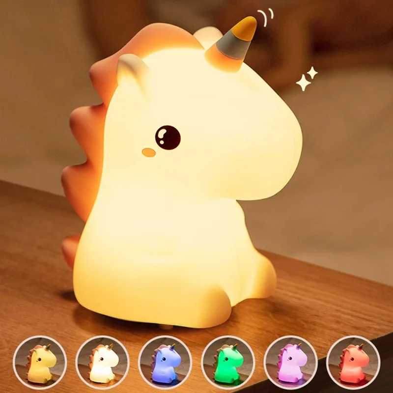 Unicorn Cute Silicone LED Night Light For Kids Children USB Rechargeable Cartoon Animal Bedroom Decor Touch Night Lamp for Gifts