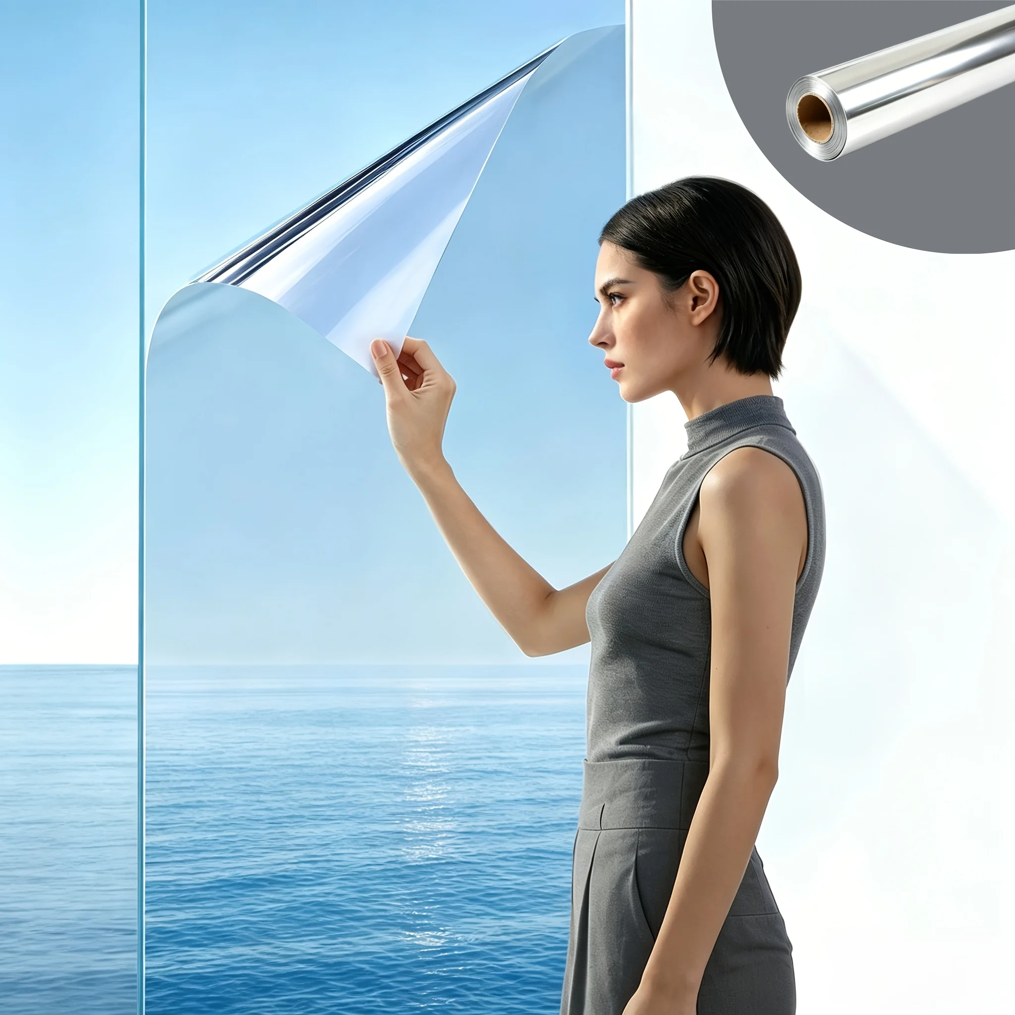 One Way Mirror Privacy Window Film Self Adhesive Removable Heat Control Sun Block Easy Install Cut to Size for Home Office