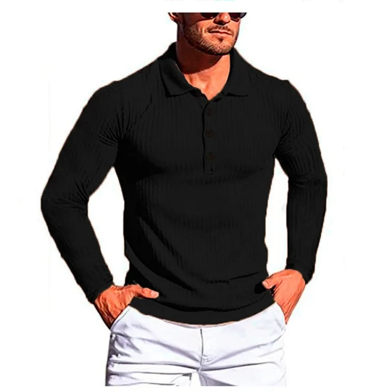 Men's Running, Sports and Fitness Clothing High Elastic Vertical Stripe Long Sleeved POLO Shirt Slim Fit Knitted Bottom Shirt