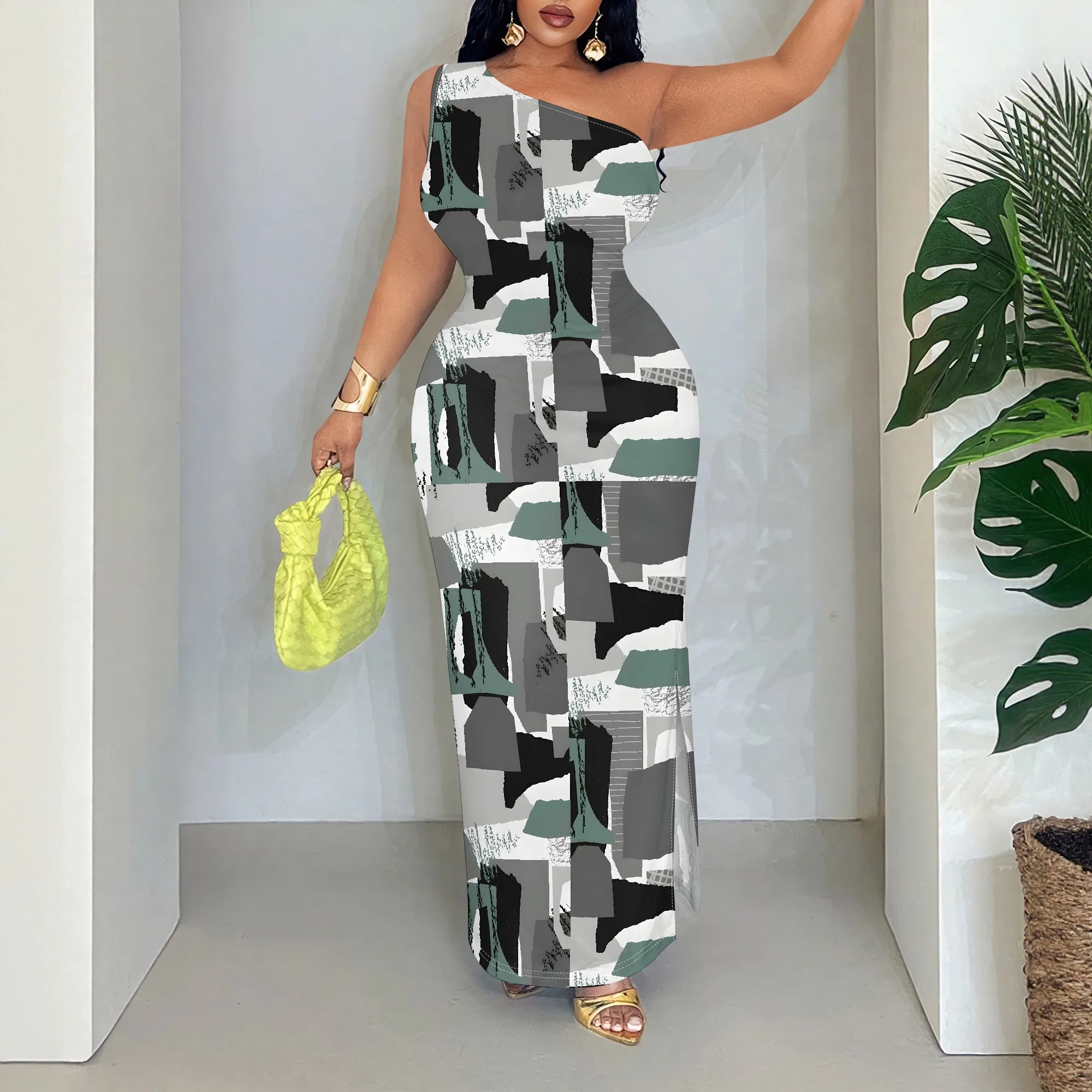 

Abstract Print One Shoulder Maxi Dress, Asymmetric Neckline Long Gown, Sleeveless Party Evening Wear, S-2XL