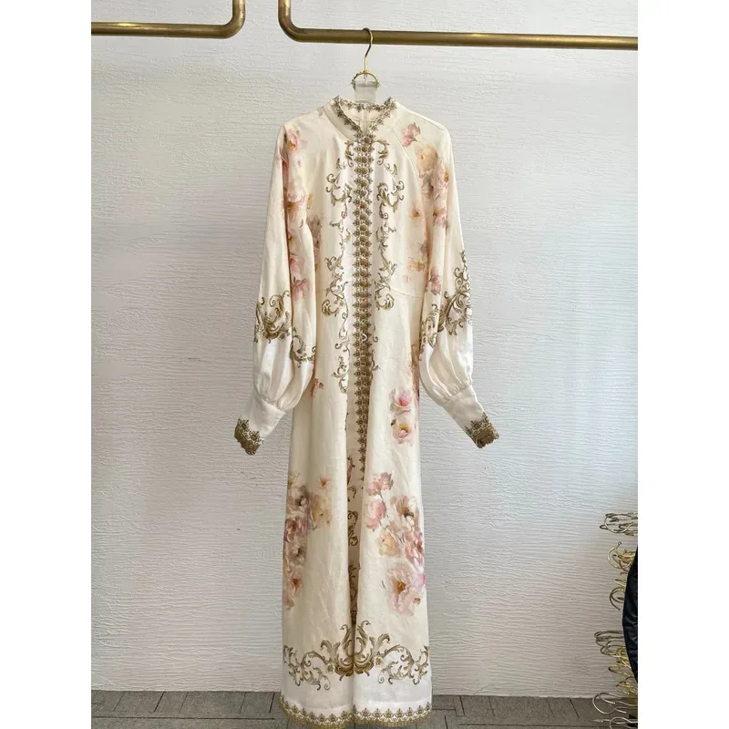 جديد البيج الحرير قطع الأبيض الأزهار طباعة فانوس كم الماس الدانتيل متابعة المرأة ميدي اللباس #1