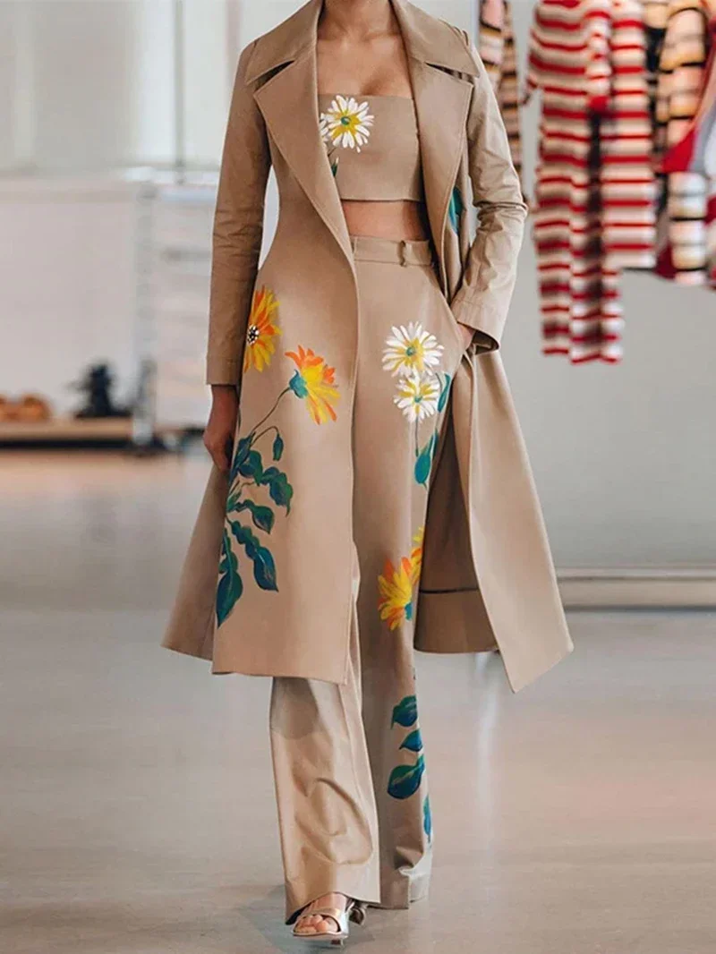 3 Pieces Sets Women Outfit Autumn Clothes Women 2024 Floral Print Long Trench Coat Tube Vest and Pants Sets Fashion Woman Sets