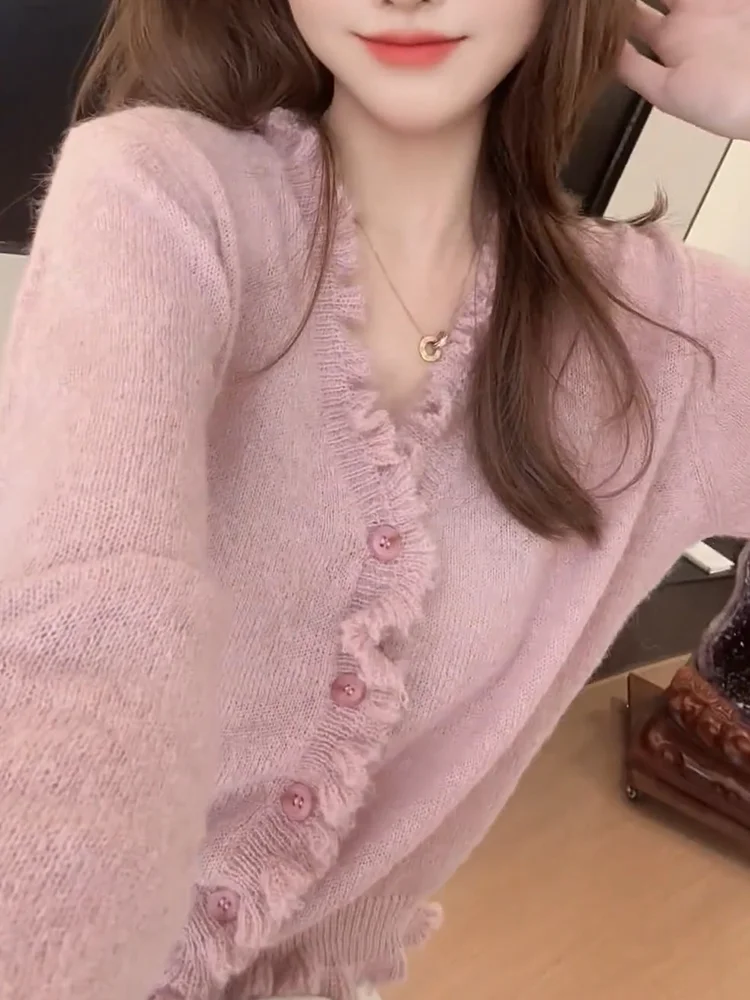 

Korean Sle V-Ne Knitted Open Cardigan Spring Autumn Season Large Size Ele Age-Defng Versatile Long Sve Top