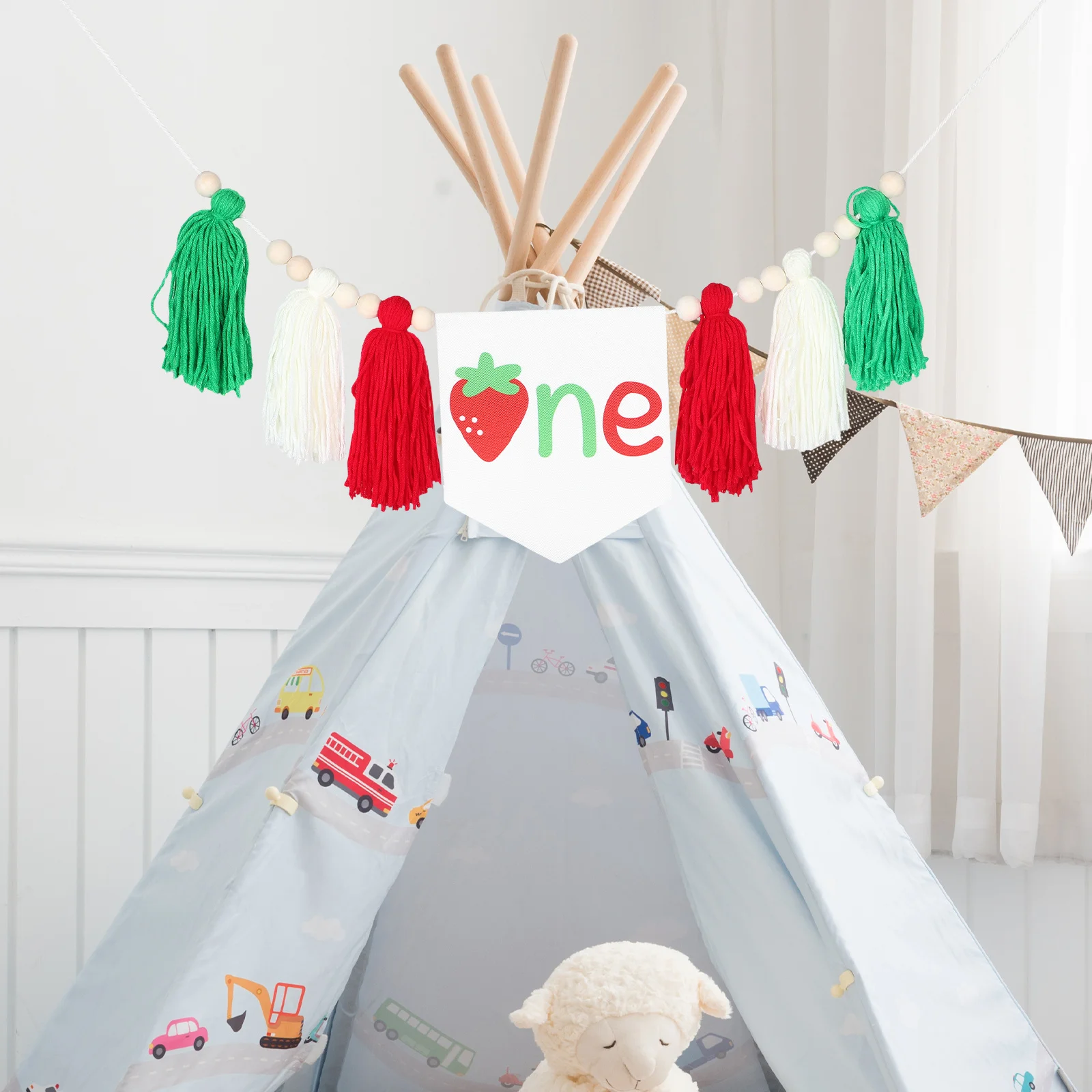 

Party Decoration Bunting Strawberry Happy Birthday Banner 1St Birthday Party Supplies Cloth Wall Hanging For Indoor