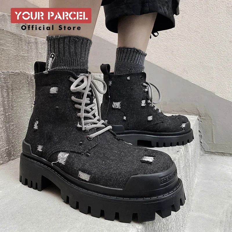 Mating boots for men new design black washed denim canvas short boots distressed style thick soled shoes Street Style