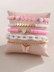 5pcs/Set Pink Style Butterfly & Heart Love Letter Beaded Bracelet Set for Girls Women