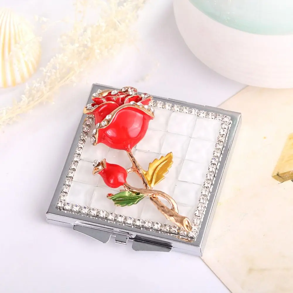 

Rhinestone Decor Square Mirror Mini Bowknot Metal Pocket Mirror Rose Travel Size Portable Mirror Children