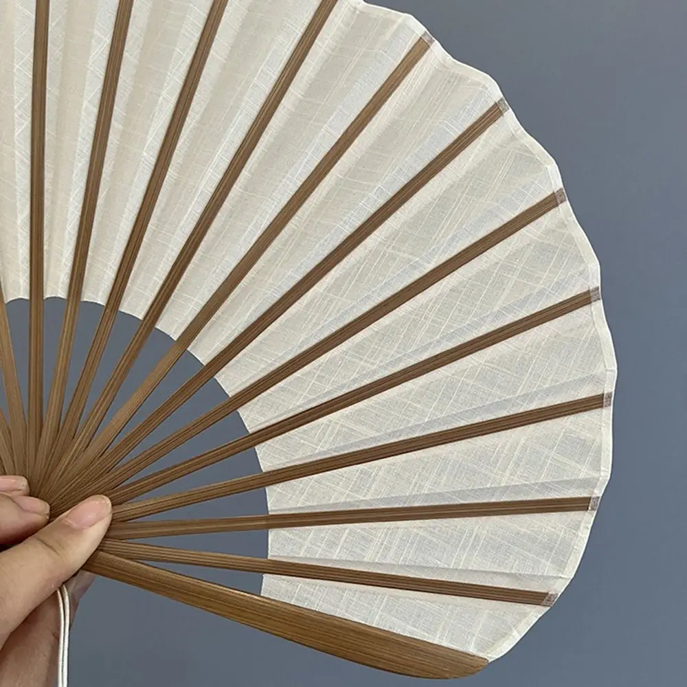 Cotton Linen Cloth Folding Hand Fan Solid Color with Tassel Retro Handheld Fan Decoration Shell-Shaped Dance Fan Chinese Style