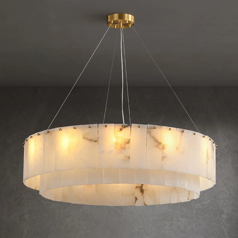 

Modern Luxury Living Dining Room Brass Marble Pendant Lights Nordic Villa Hotel Copper Alabaster Chandelier Lamp