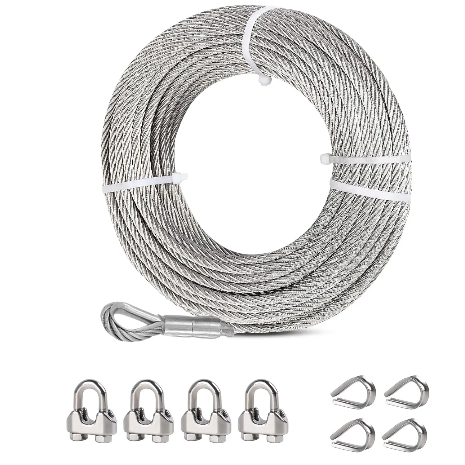 Stainless Steel Cable, 75ft, 7X 19 Strands Wire Rope with Stainless Cable Clamps&Thimble, 6400lbs Breaking Strength, Steel A