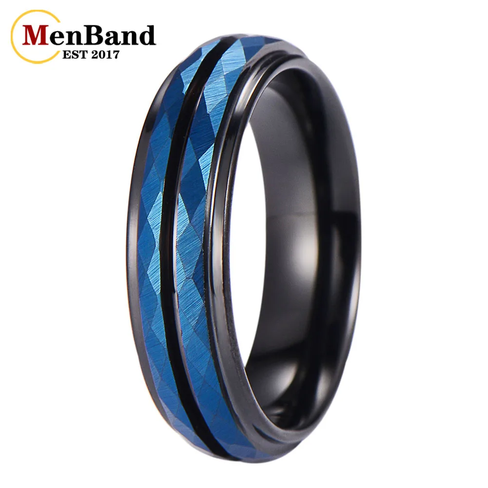 Classic 6mm Black Blue Rhombus Cut Mens Tungsten Rings Simple Charm Luxury for Gentleman Male Jewelry Creativity Gift Wholesale