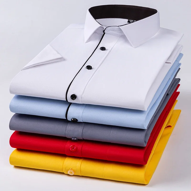 Plus Size 7XL 40% Cotton Summer Short Sleeve Shirts for Men Slim Fit Formal Plain Shirt Office Solid Color White Business Clothe