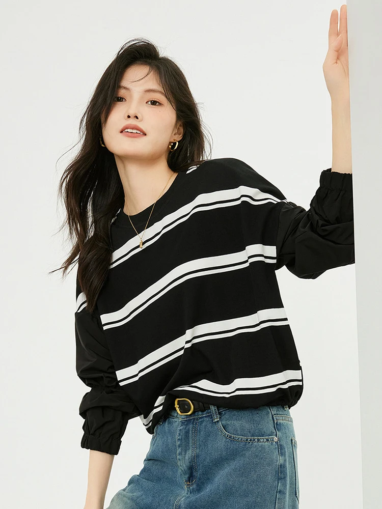 

Fashion O-Neck Striped Sweatshirts Oversized Short Tops Spring Autumn Long Sleeve Pullovers Designer Zipper Sleeve Jumper Trendy