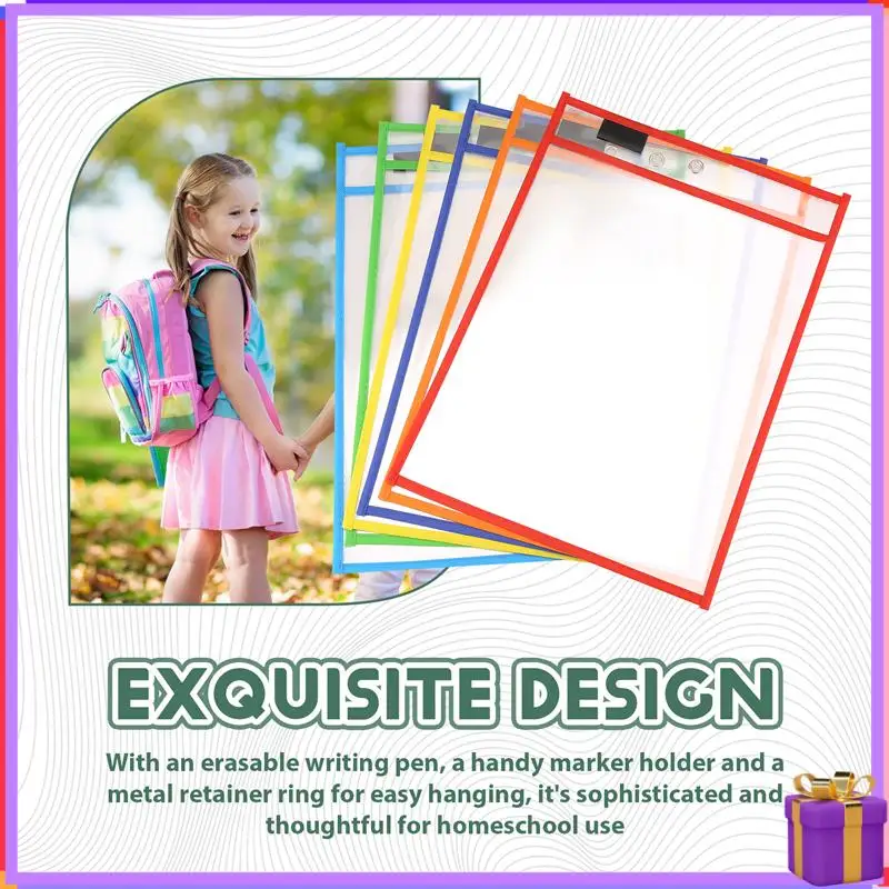 

Advanced Reusable Dry Erase Pockets, 6 Pack Reusable Dry Erase Sleeves, Assorted Colors Sheet Protector, Dry Erase Pocket Sleeve