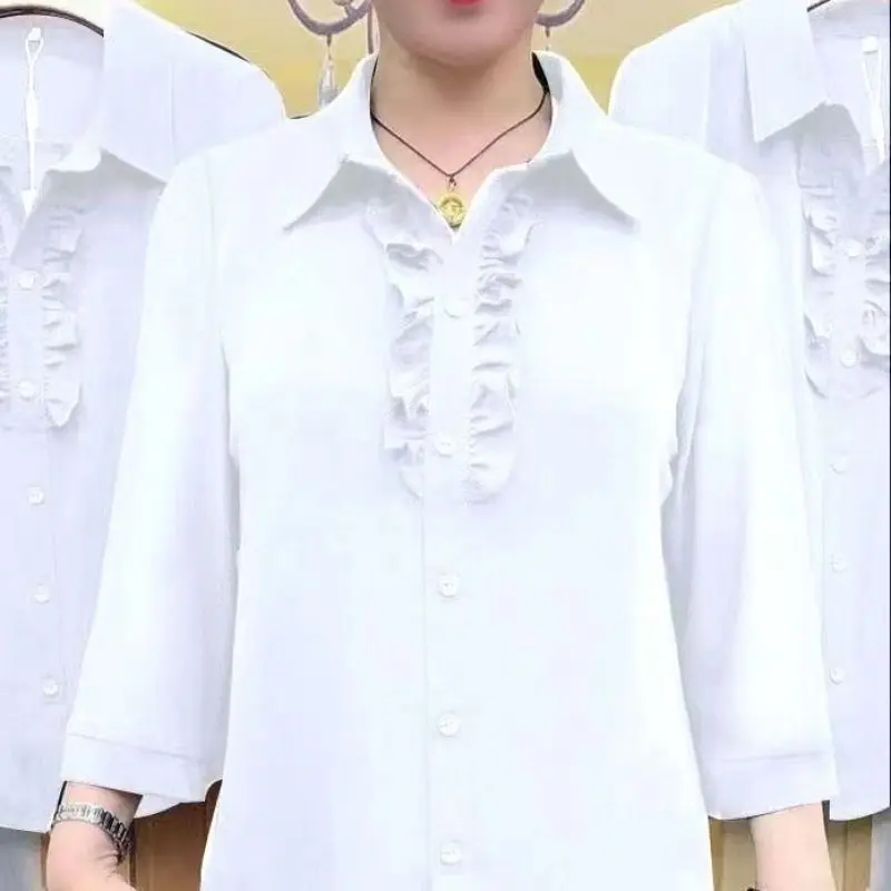 2024 New Summer Fashionable and Elegant Polo Collar with Wooden Ear Edge Loose Oversize Casual Solid Three Quarter Shirt