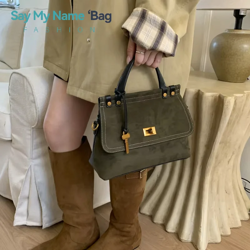 

High Quality Retro Top-handle Bags For Women 2026 Winter New Designer Handbags Luxury Flap Shape PU Suede Shoulder Crossbody Bag