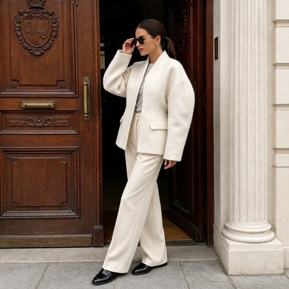 Short Length Women Short Wool Coat Fitted Waist Bubble Sleeve Wrap Neck Overcoat Bubble Sleeve Outerwear Daily Street Wear