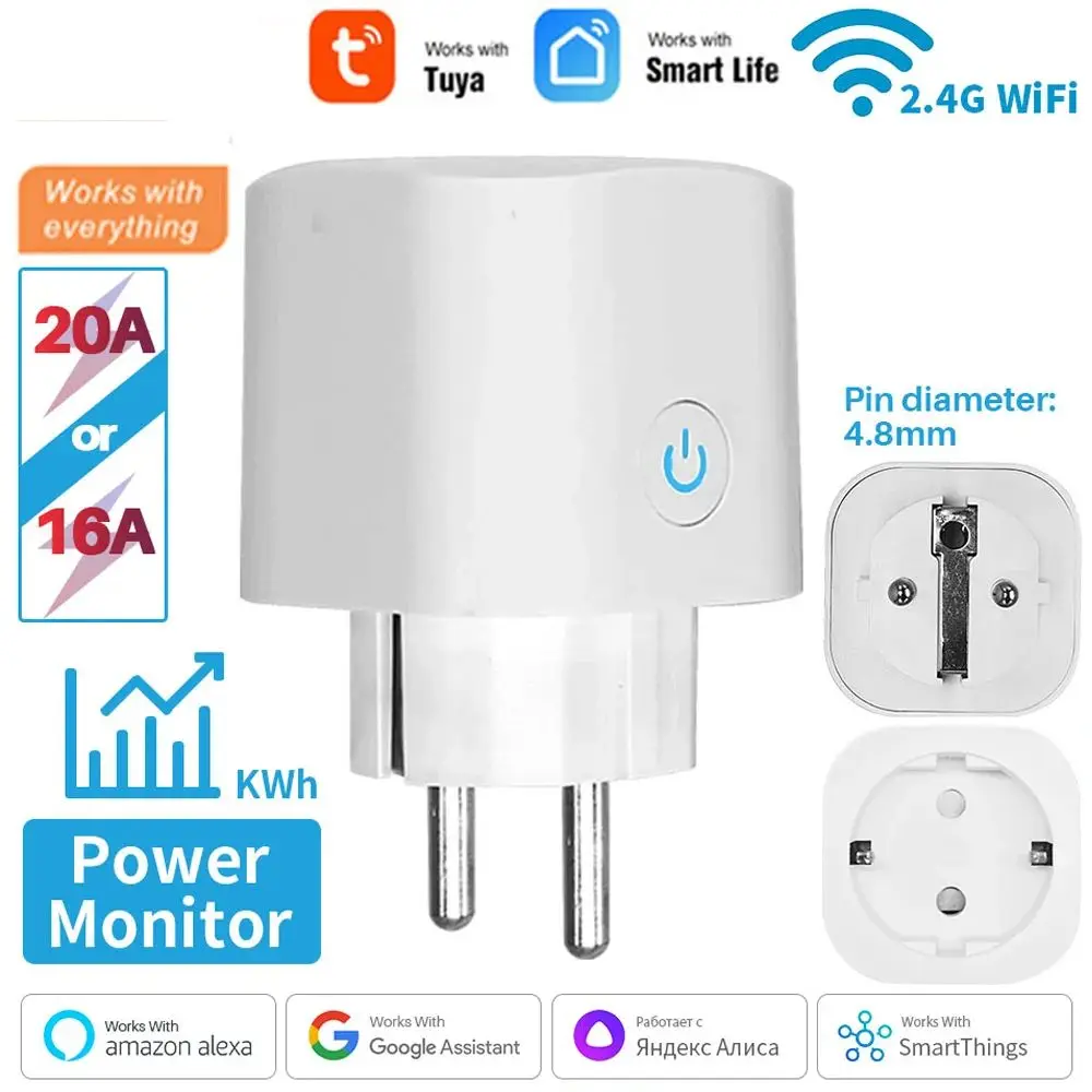 Tuya Smart Home Socket WiFi 20A EU Plug Outlet Remote Control Timer Power Monitor Support Voice Google Home Alexa